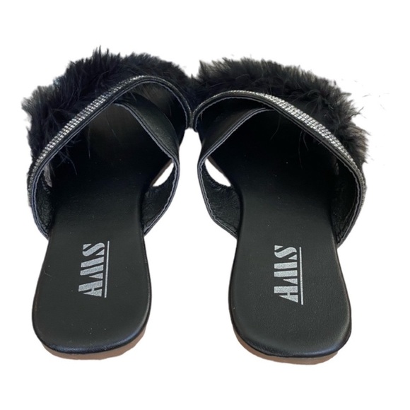 New AMS Black Feather Slippers American Slip On House Shoes Slides Rhinestone - Picture 4 of 6